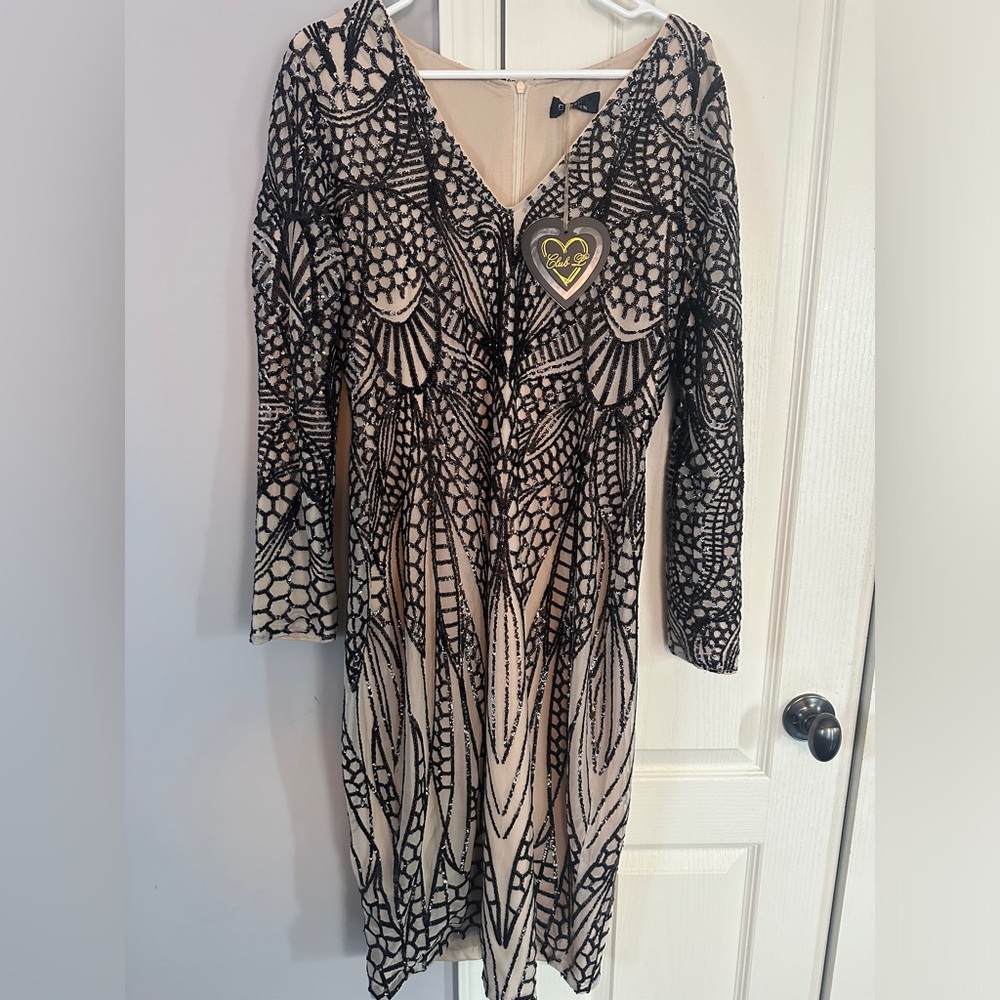 Semi formal, black and nude midi dress.